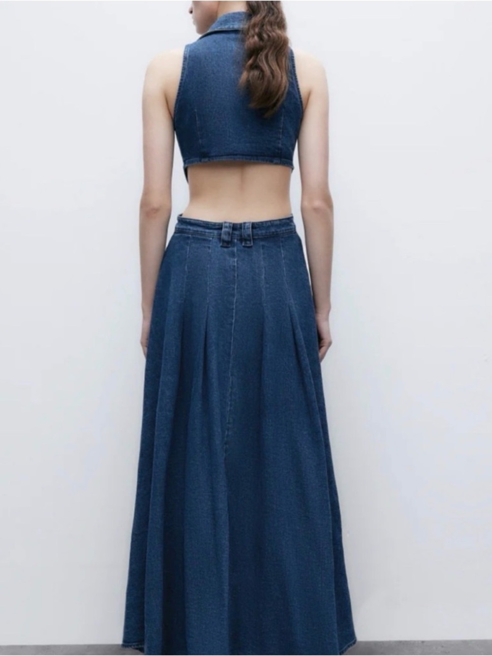 Sleeveless Denim Cutout Maxi Dress in Blue - Picture 2 of 7
